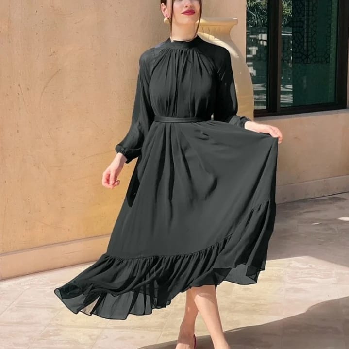 Black Unique With Belt Chiffon Maxi