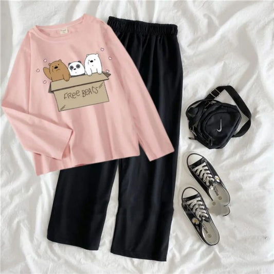 Pink New Lock Full-Sleeves T-shirt And Cotton Loose Pant