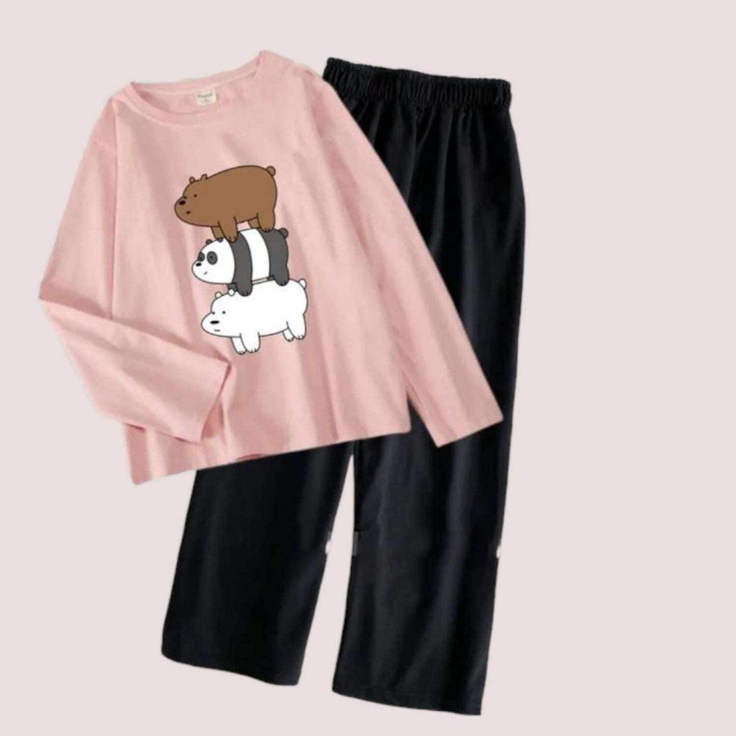 Pink New Lock Full-Sleeves T-shirt And Cotton Loose Pant