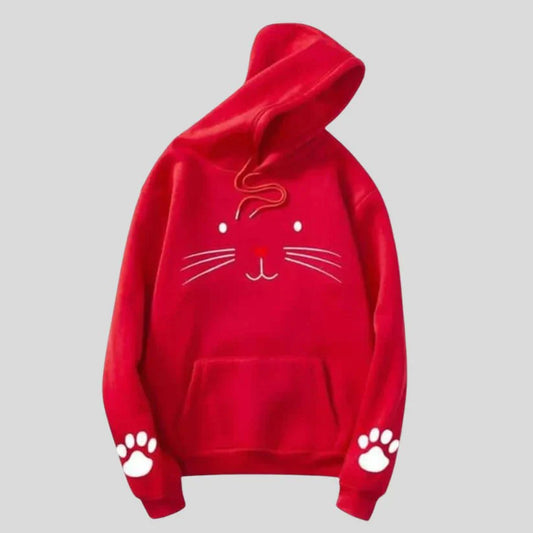 Women Red Stylish Meow Printed Hoodie