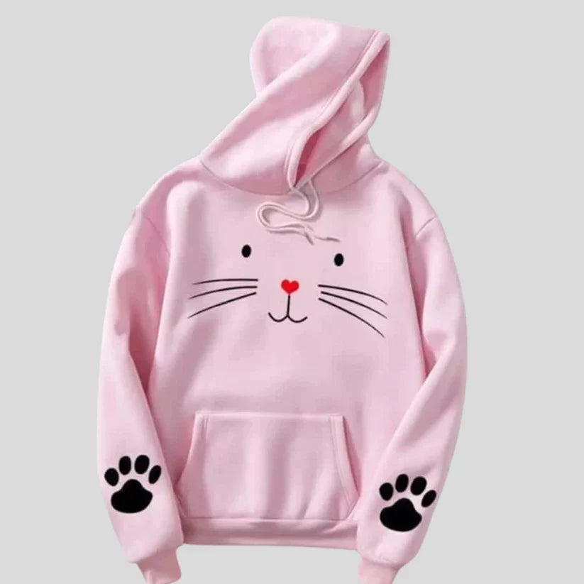 Women Pink Stylish Meow Printed Hoodie