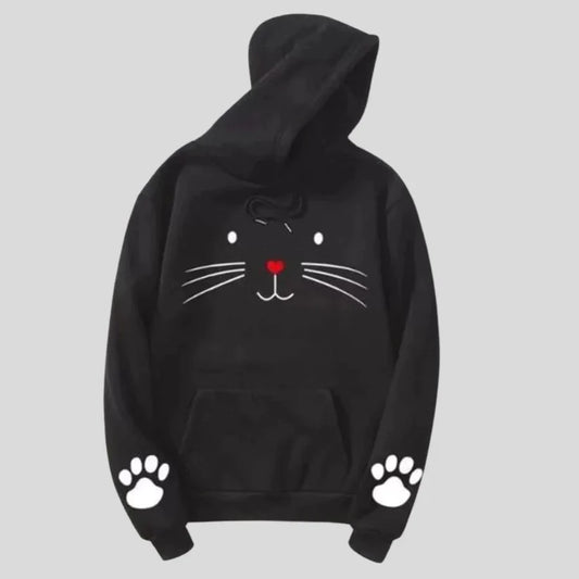 Women Black Stylish Meow Printed Hoodie