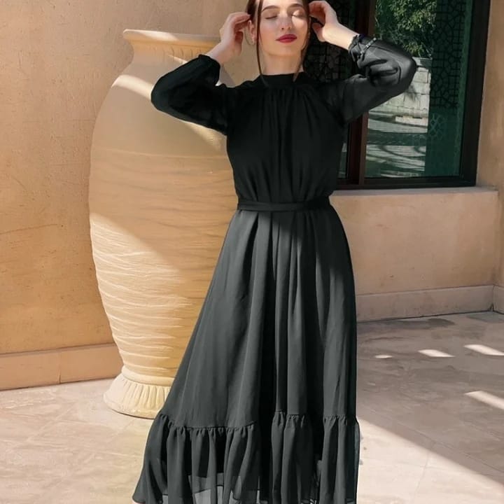 Black Unique With Belt Chiffon Maxi